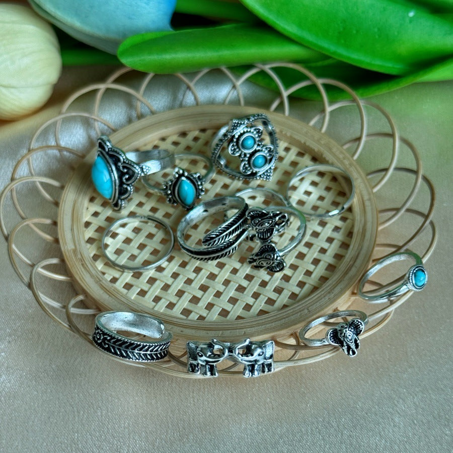 Wholesale Bohemian Style Light Luxury Elephant Feather Carved Cold Style Finger Ring Set