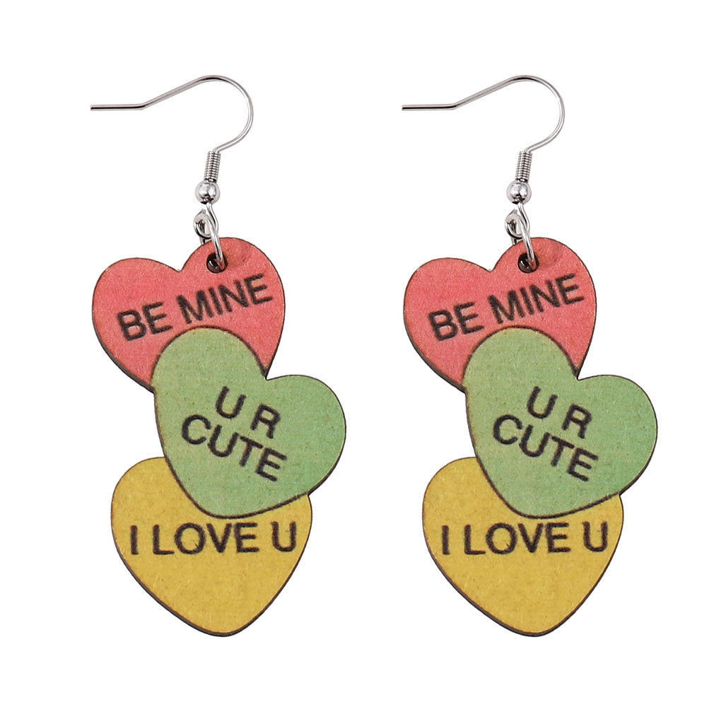 Wholesale Valentine's Day I LOVE U letter LOVE series wooden earrings