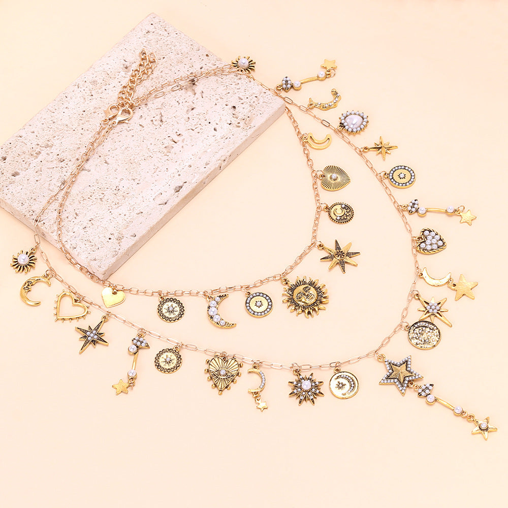 Wholesale  Light Luxury Style Hand-Spliced Multi-Layer Sun Star Moon Pendant Necklace