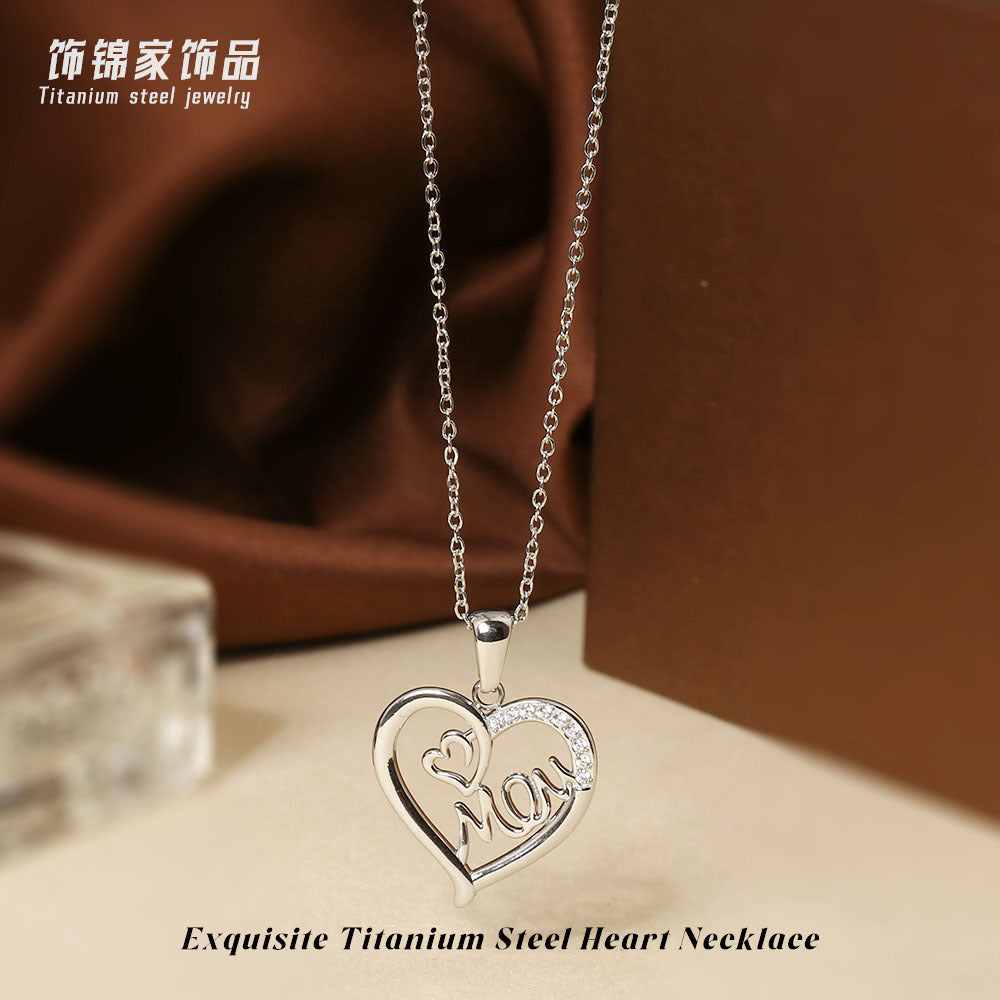 Wholesale Mother' s Day Titanium Steel Heart-Shaped Pendant Necklace with Zircon Inlay