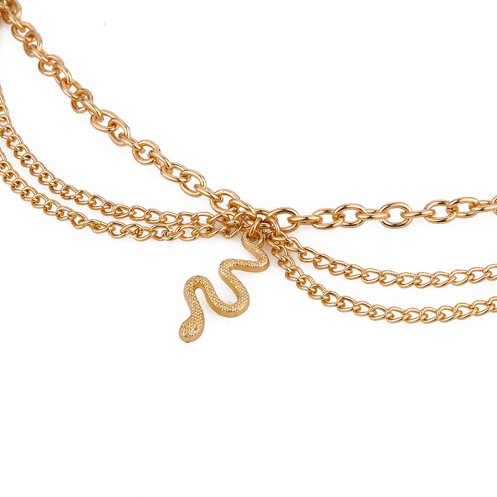 Wholesale Alloy Golden Cross Tassel Snake Pendant Three Layer Anklet for Women