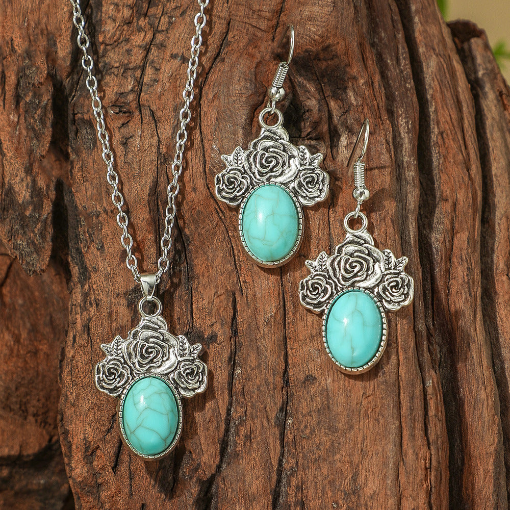 Wholesale Bohemian Vintage Earrings and Necklace Set Turquoise Drop Pendant Jewelry Accessory