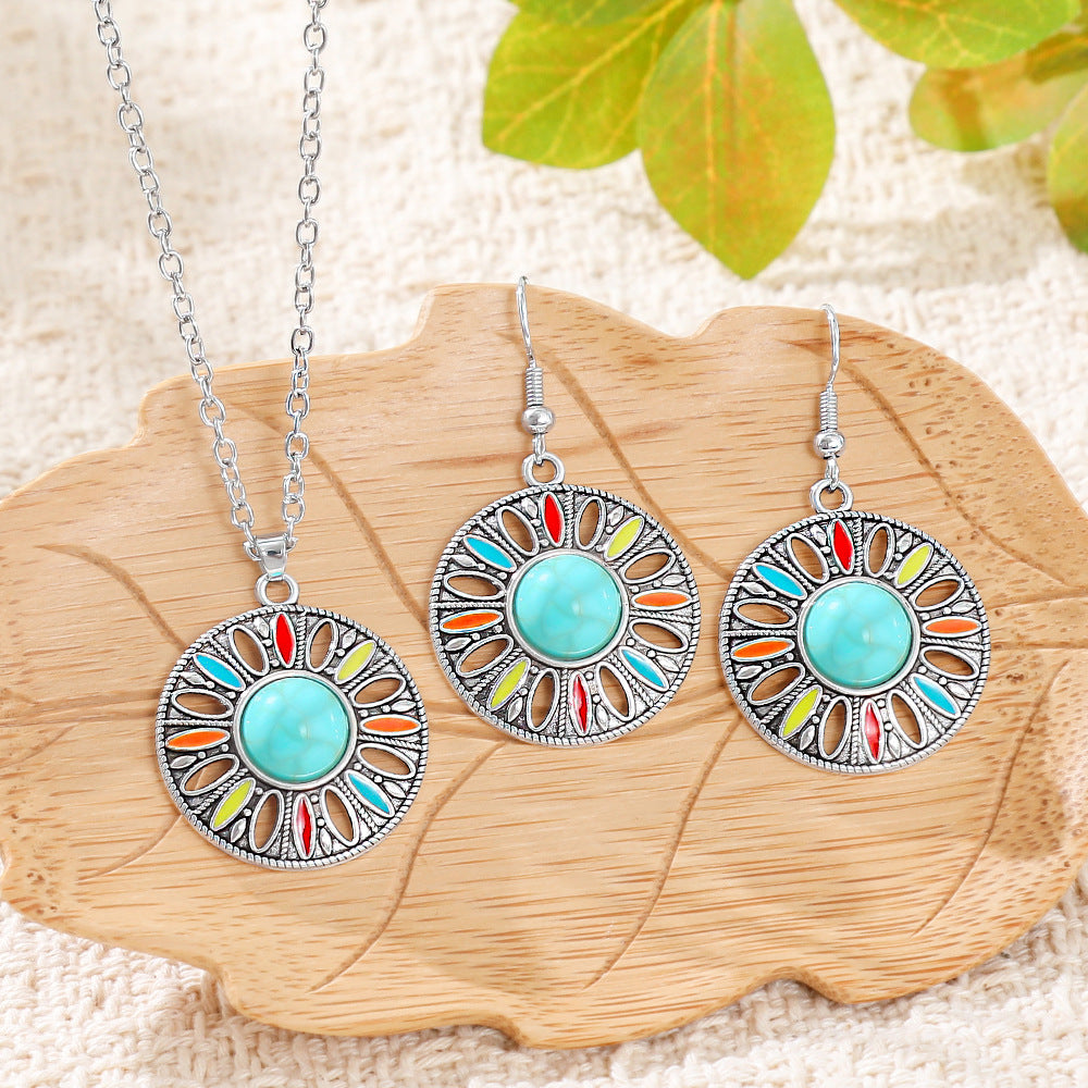 Wholesale Bohemian Retro Turquoise Necklace and Earrings Set - Ethnic Fashion Accessory Gift