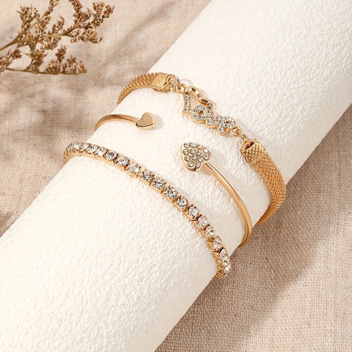 Wholesale Gold Tone LOVE Rhinestone Bracelet Set 3 Piece Women S Jewelry Chic Everyday Accessory Or Gift