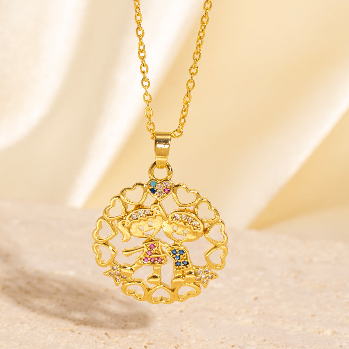 Wholesale Hollow heart-shaped cartoon character pendant copper zircon necklace