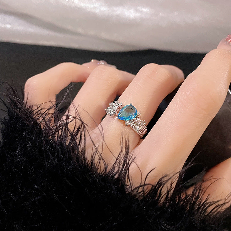 Wholesale Fairy Style Aquamarine Open Ring Water Drop Full Diamond Stacking Ring ACC-RS-JiuHao010