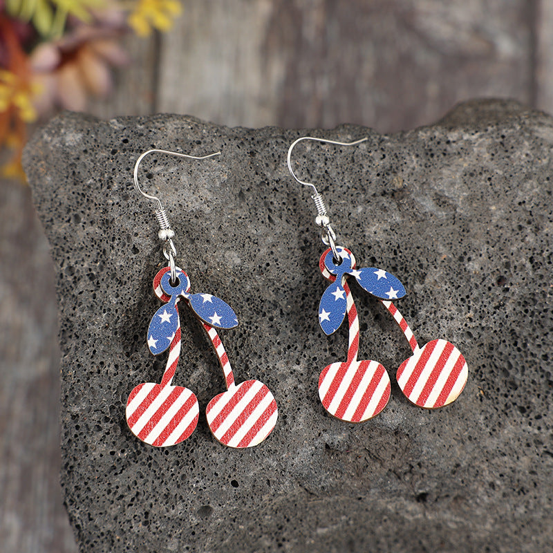Wholesale American Independence Day Cherry-shaped Five-pointed Star Vintage Wooden Earrings