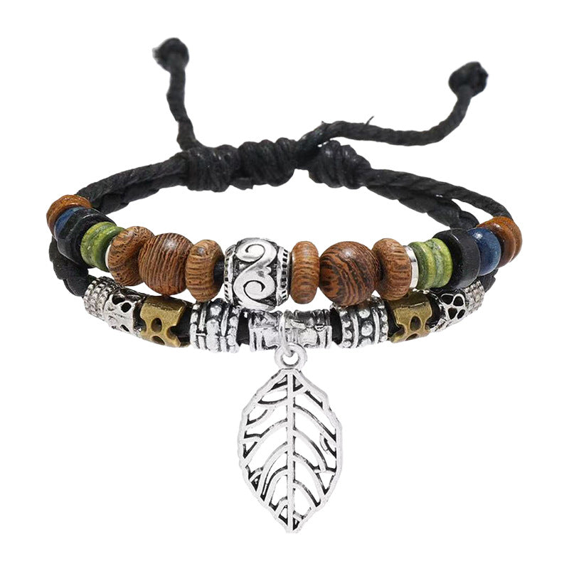 Wholesale Folk Style Woven Leather Bracelet with Beaded Charms,  Unisex Adjustable Jewelry Accessory