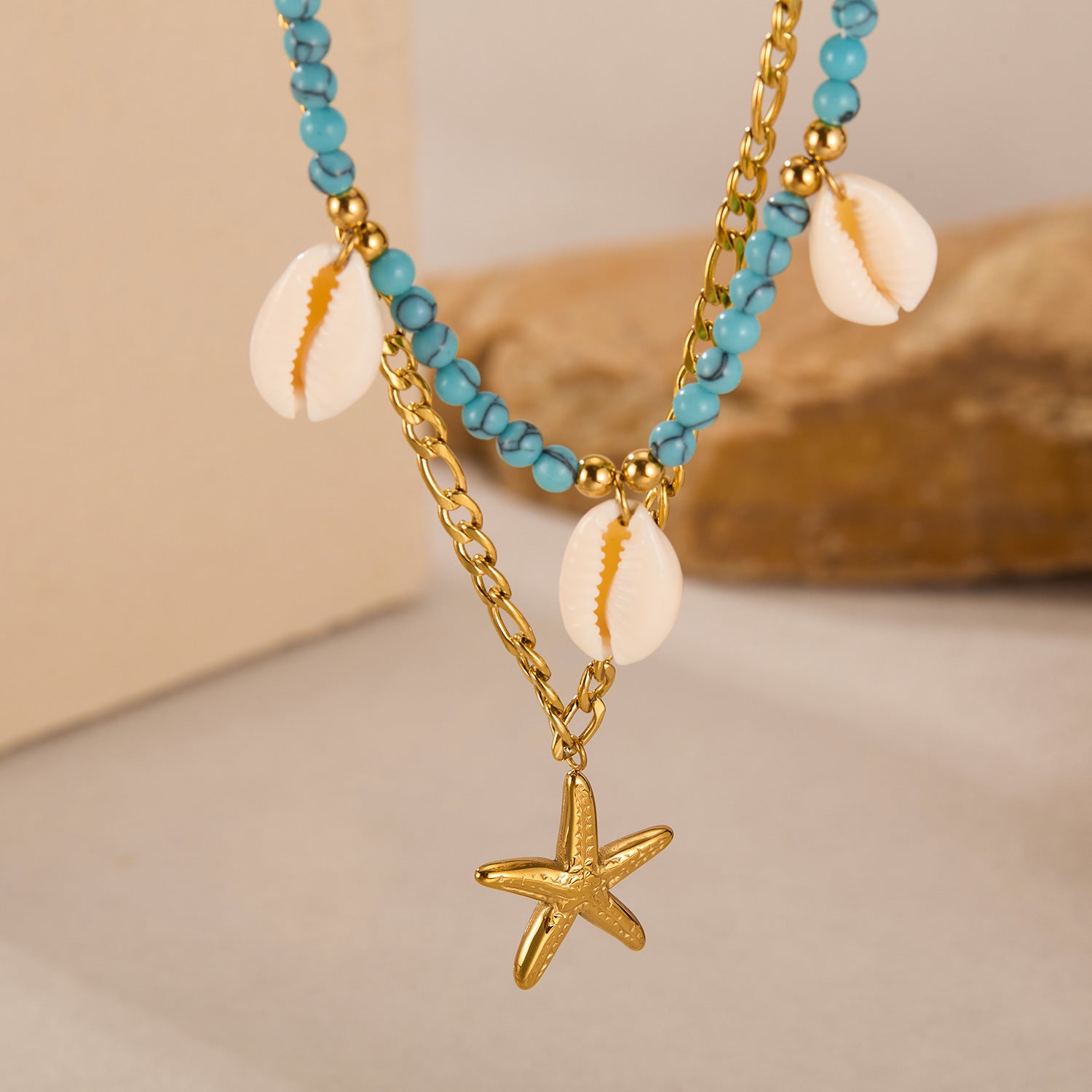 Wholesale  Titanium Starfish Shell Necklace Blue Turquoise Bead  Double Layer Clavicle Chain