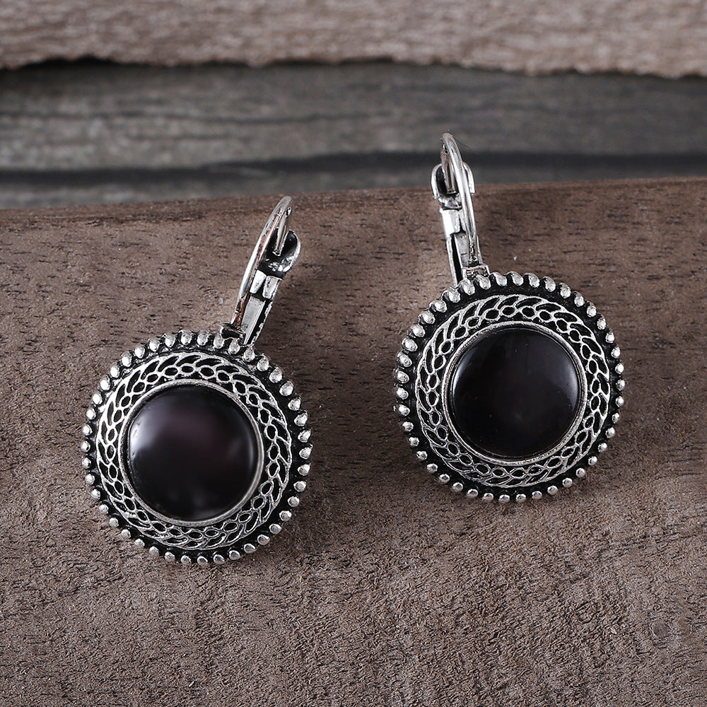Wholesale Bohemian Retro Oval Jeweled Earrings Blue Electroplated Zinc Alloy Pair Trendy Party Gift And Boutique Resale Accessory