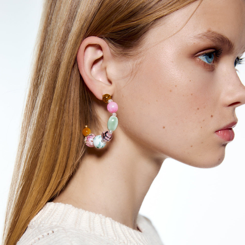 Wholesale Bohemian Beaded Candy Colored Glass Bead C-shaped Earrings