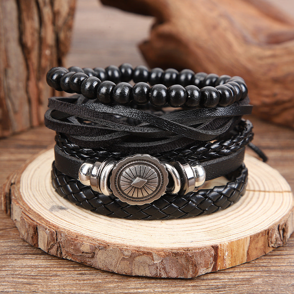 Wholesale Retro Sunflower Alloy Cowhide Braided Bracelet With Wooden Beads Unisex Street Style Wristband Fashion Accessory For Everyday Wear