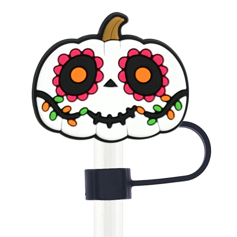 Wholesale Random 100pcs Day of the Dead Skull 10mm PVC Soft Straw Tube Cap ACC-SCR-RYY099