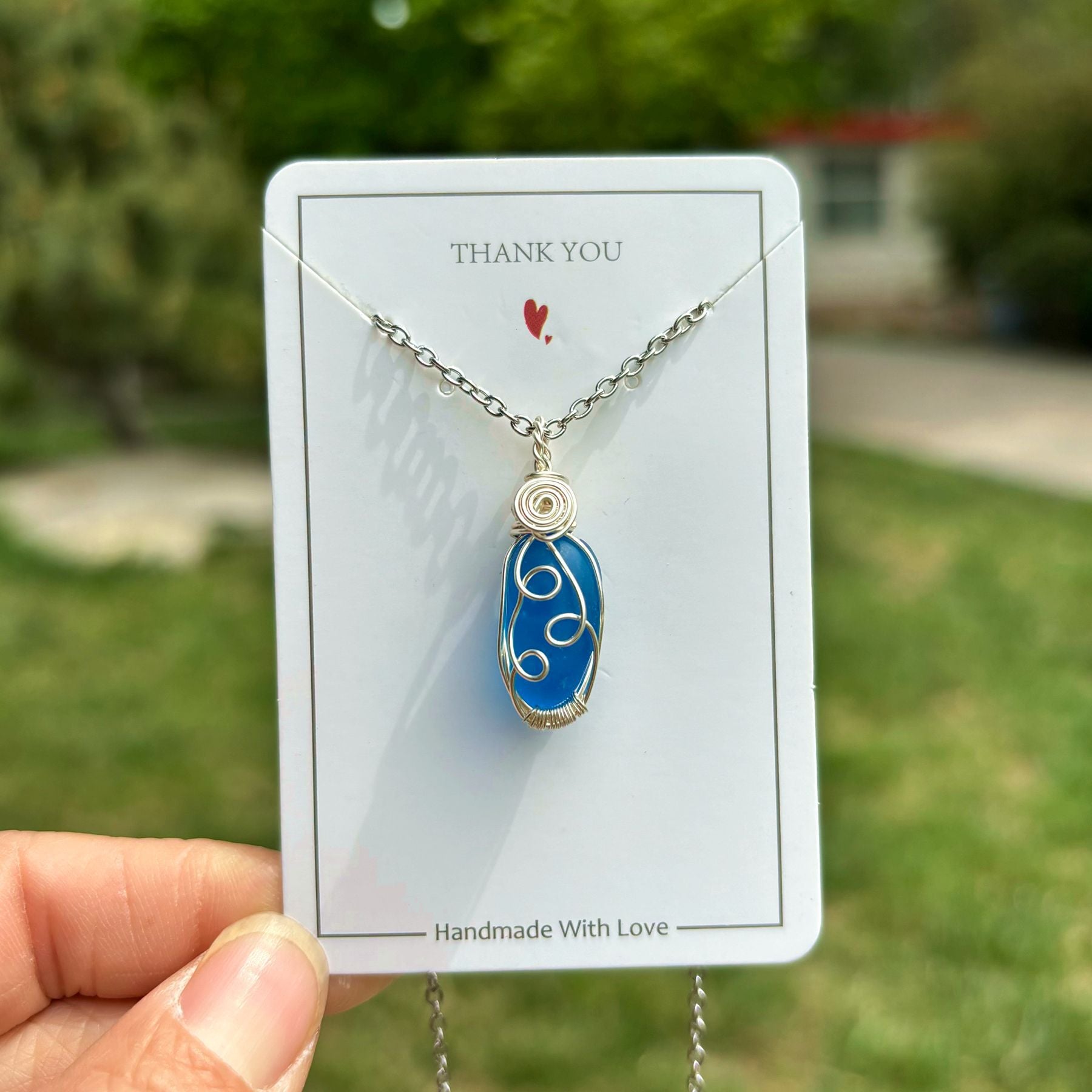 Wholesale Hand Wound Sea Glass Blue Necklace Pendant Crystal Natural Stone Crystal Mesh Bag ACC-NE-RongGuan012