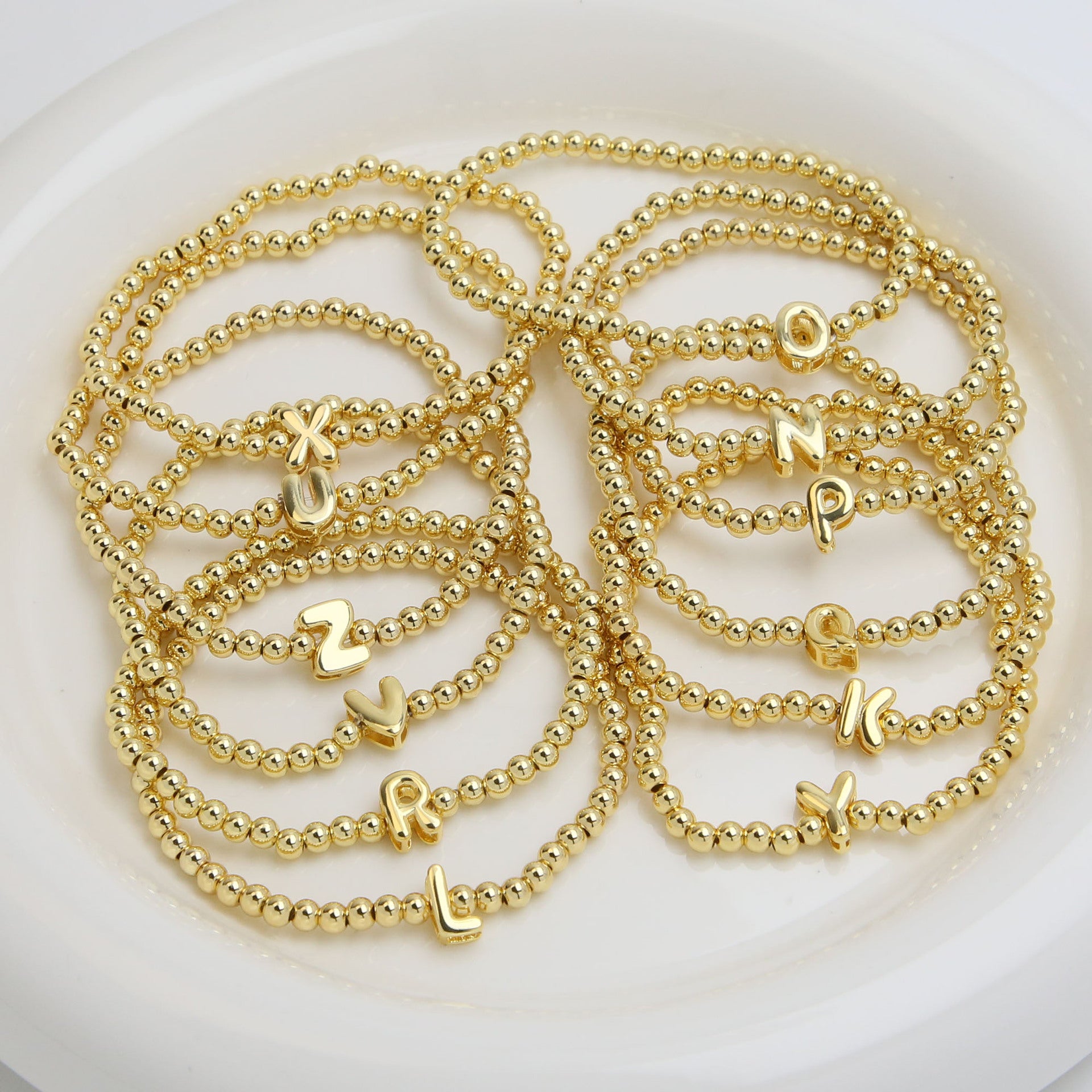 Wholesale 18k Glossy Balloon 26 Letter Copper Beads Elastic Line Beaded Bracelet ACC-BT-BaiYi002
