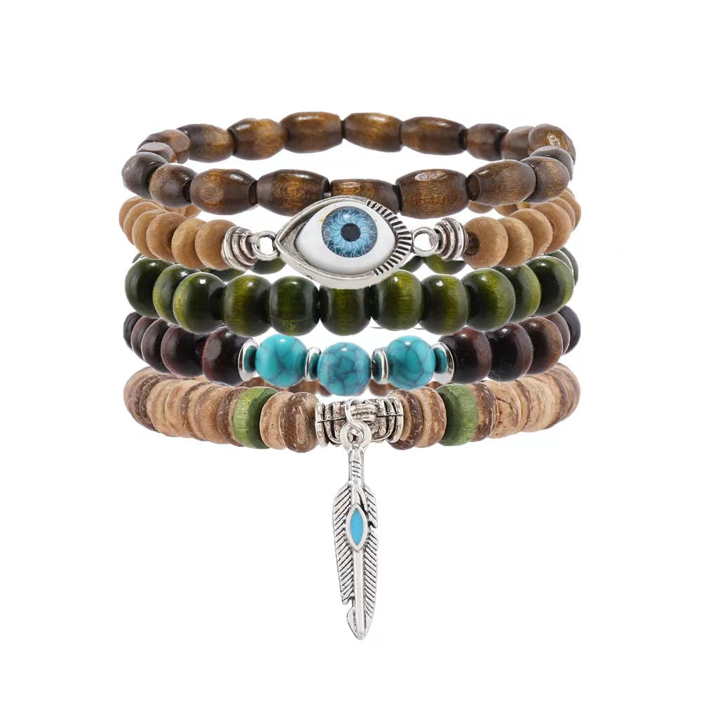 Wholesale 3PCS Vintage-style multi-layered wooden beaded evil eye bracelet