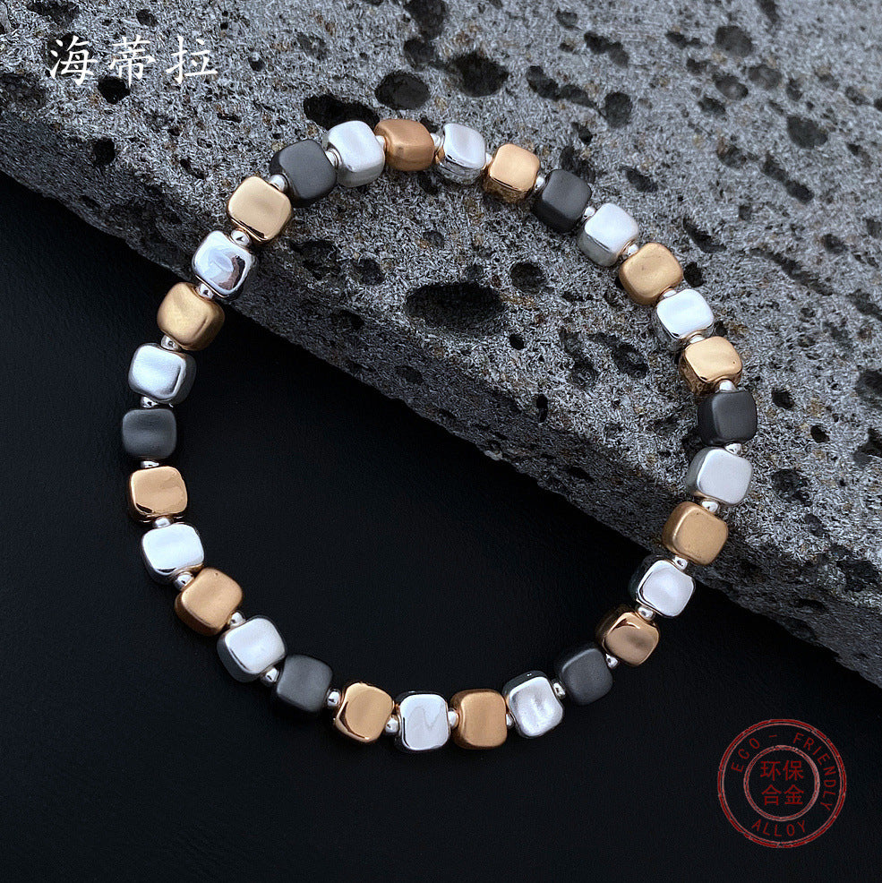 Wholesale small square grain three-color stitching alloy bracelet