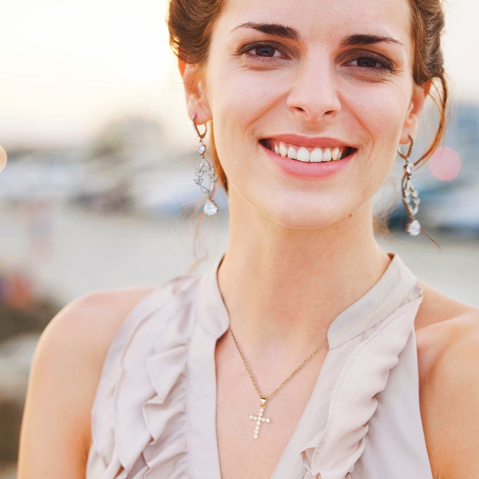 Wholesale brass real gold electroplated inlaid zircon cross necklace