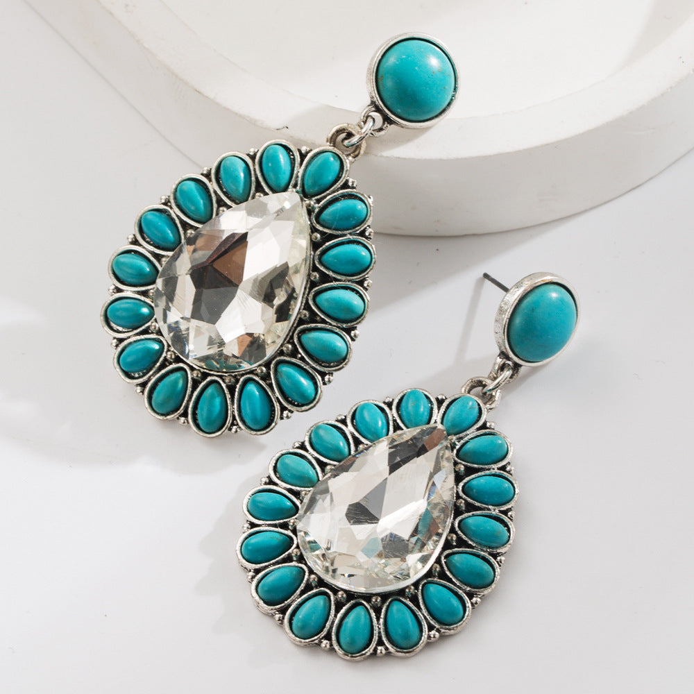 Wholesale Alloy Retro Turquoise Earrings with Glass Diamonds - Trendy Fashion Accessory