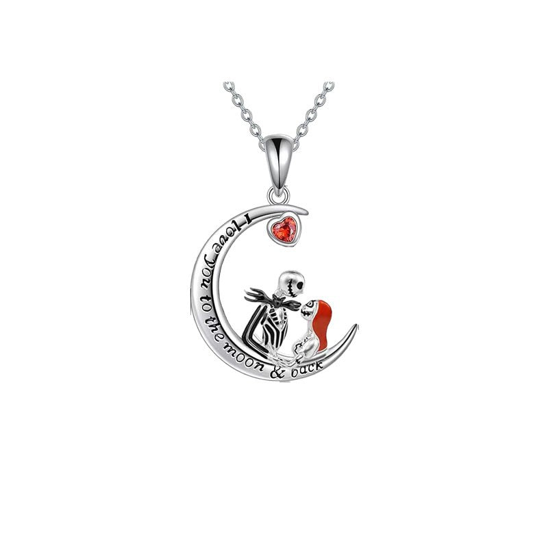 Wholesale Silver Tone Rhinestone Moon Skull Necklace –  Geometric Pendant for Men Women