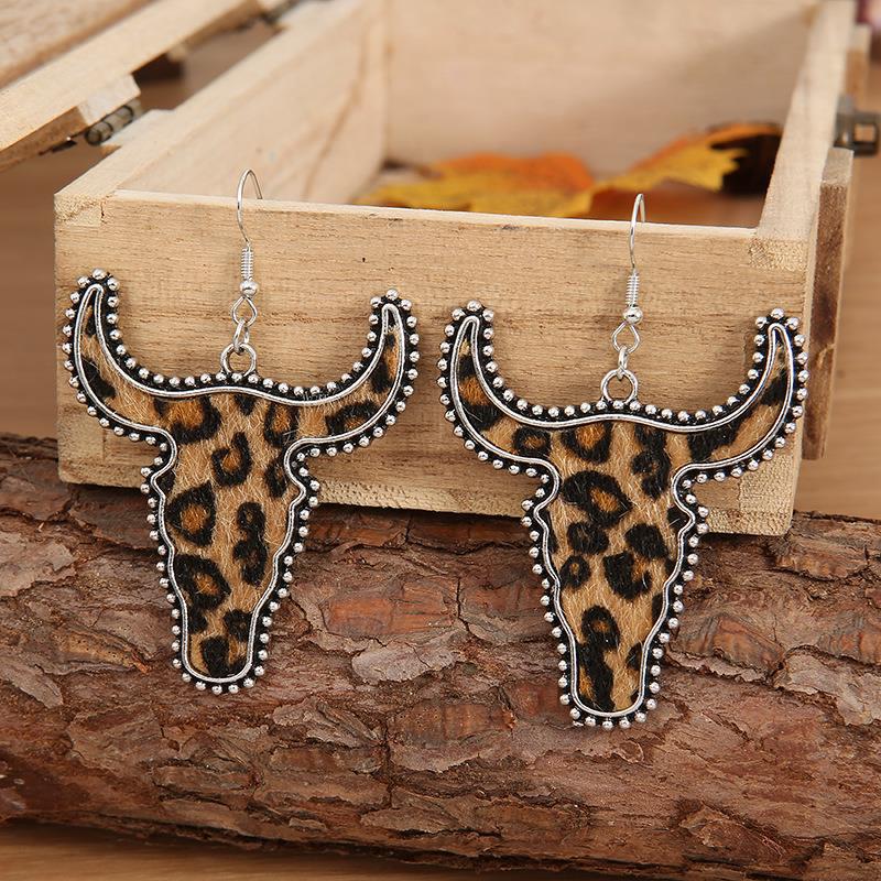 Wholesale Vintage Plush Bull Head Leopard Alloy Earrings
