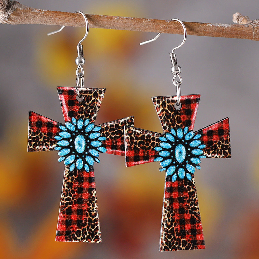Wholesale Western Style Leopard Plaid Turquoise Cross Pendant Wood Earrings ACC-ES-ChuLian083