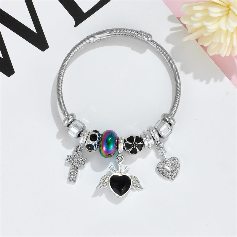 Wholesale Heart Shape Crystal Cross Rhinestone Beaded Stainless Steel Bracelet ACC-BT-QingLian003