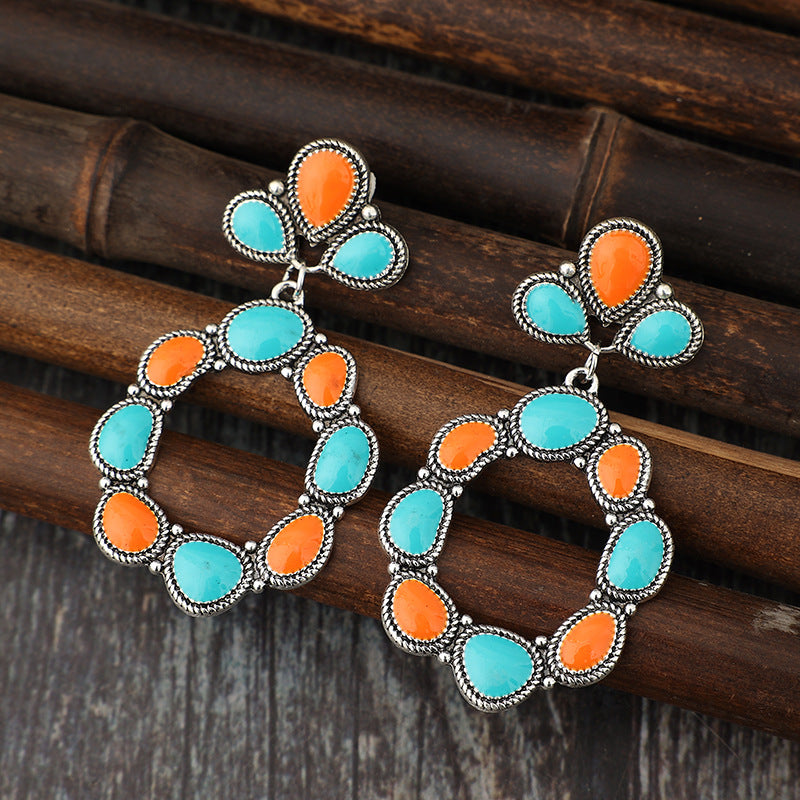 Wholesale Bohemian Style Inlaid Turquoise Geometric Alloy Retro Earrings