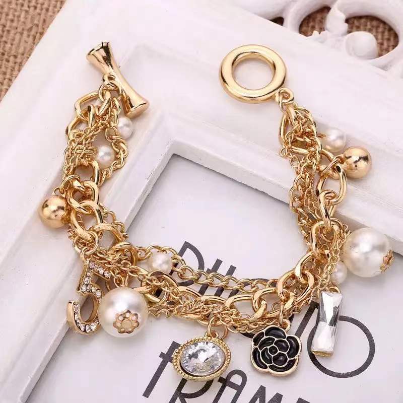 Wholesale Korean Style Multi-Layer Alloy Bracelet with Flower Diamond Pendant - Trendy Fashion Accessory