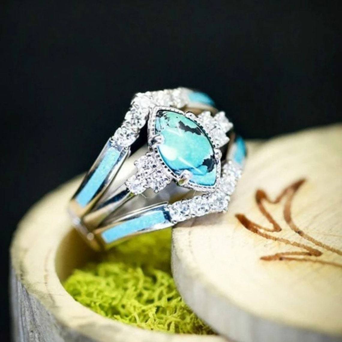 Wholesale retro diamond blue turquoise three-piece ring