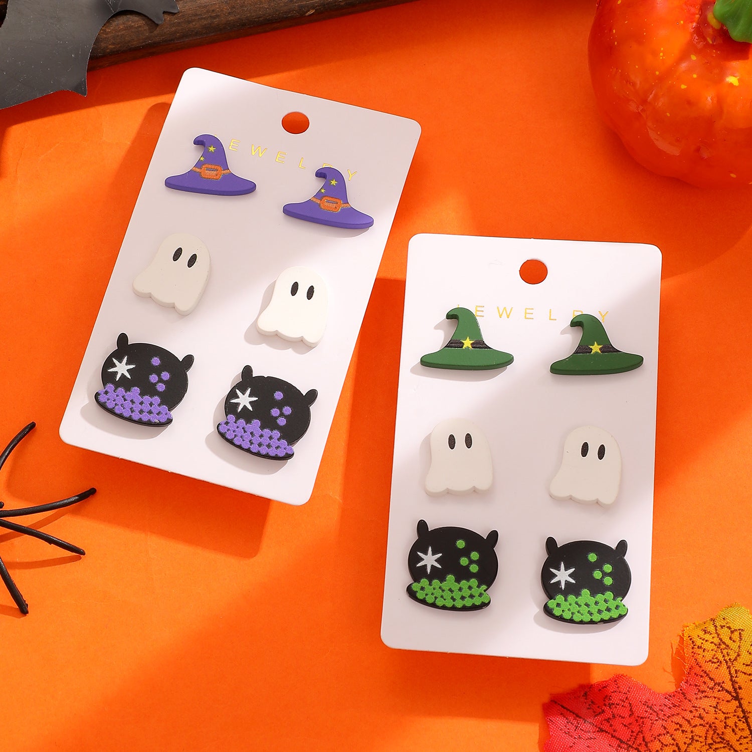 Wholesale Acrylic  Earrings - 3 Pair Set of Witch Hat and Ghost Stud Earrings for Party Wear Boutique Resale