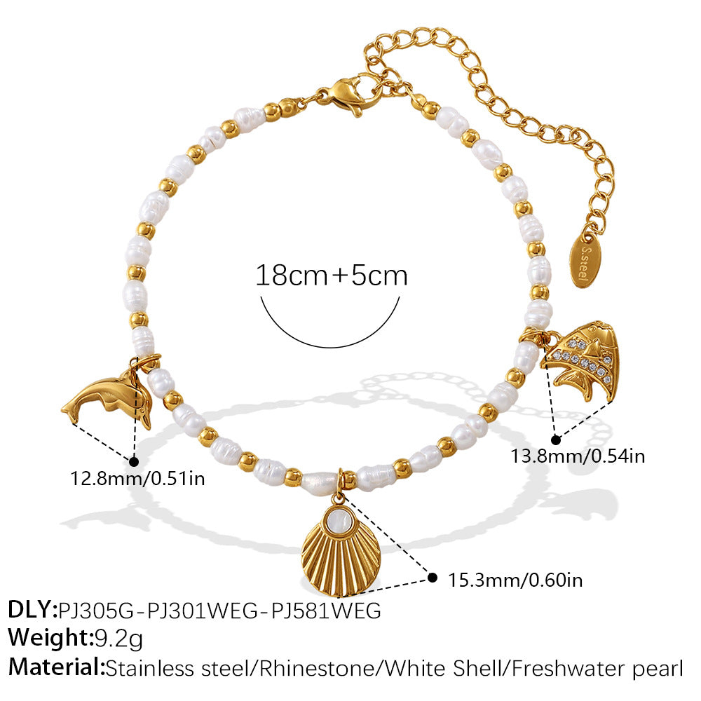 Wholesale  Fashion Creative Ocean Theme Freshwater Pearl DIY Dolphin Pendant Bracelet Plated with 18K Gold Niche Jewelry for Women