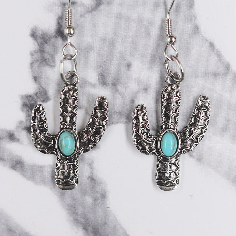 Wholesale Western old denim style alloy turquoise sunflower cactus retro ethnic style flower earrings