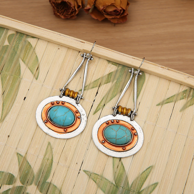 Wholesale Stylish Retro Oval Turquoise Double Color Alloy Earrings Jewelry Accessory