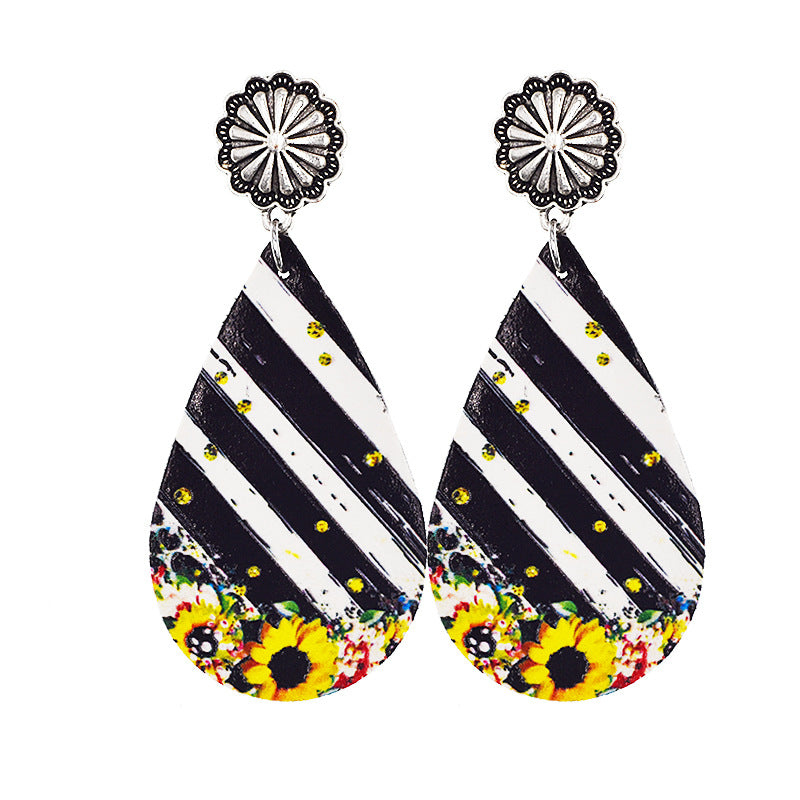 Wholesale Western Denim distressed style sunflower leather earrings