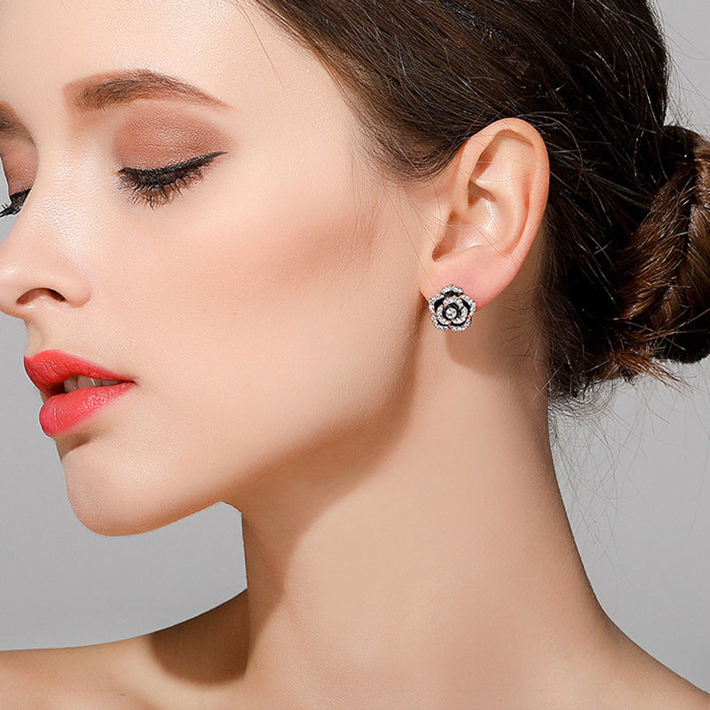 Wholesale Trendy Camellia Earrings Alloy Diamond Finish Fashion Jewelry for Party Gift Boutique Resale