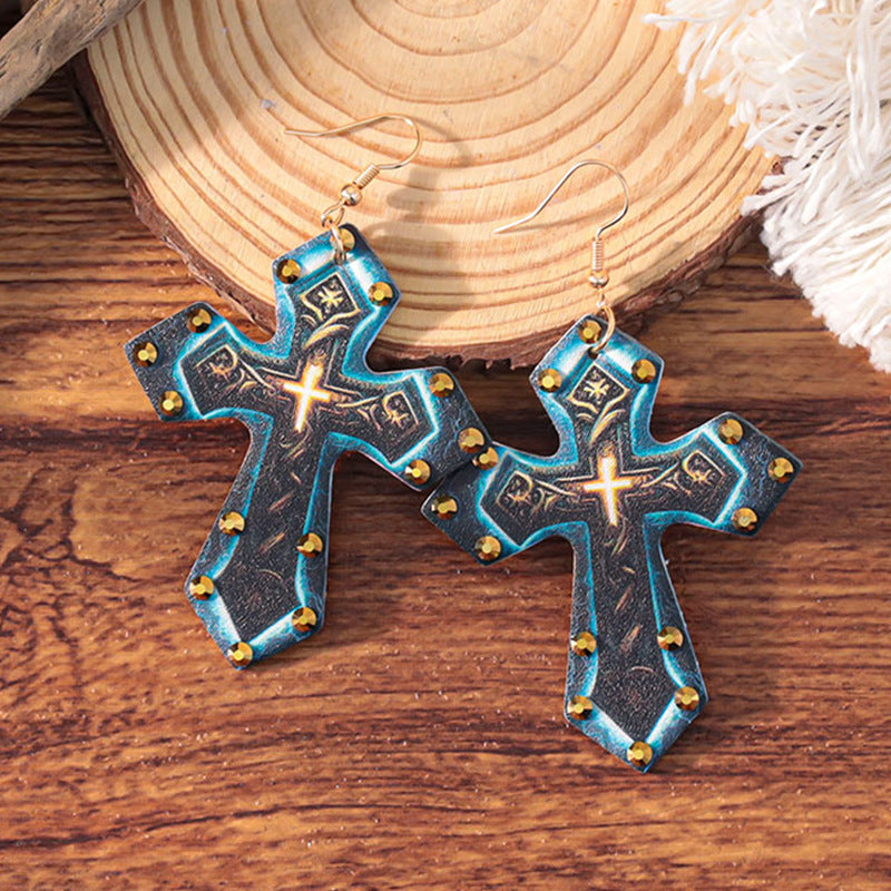 Wholesale double-layer cross leather Gothic style earrings,