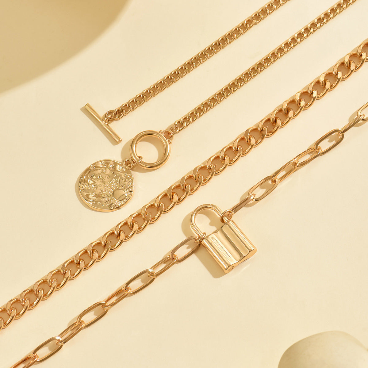 Wholesale geometric round sun gold lock pendant necklace