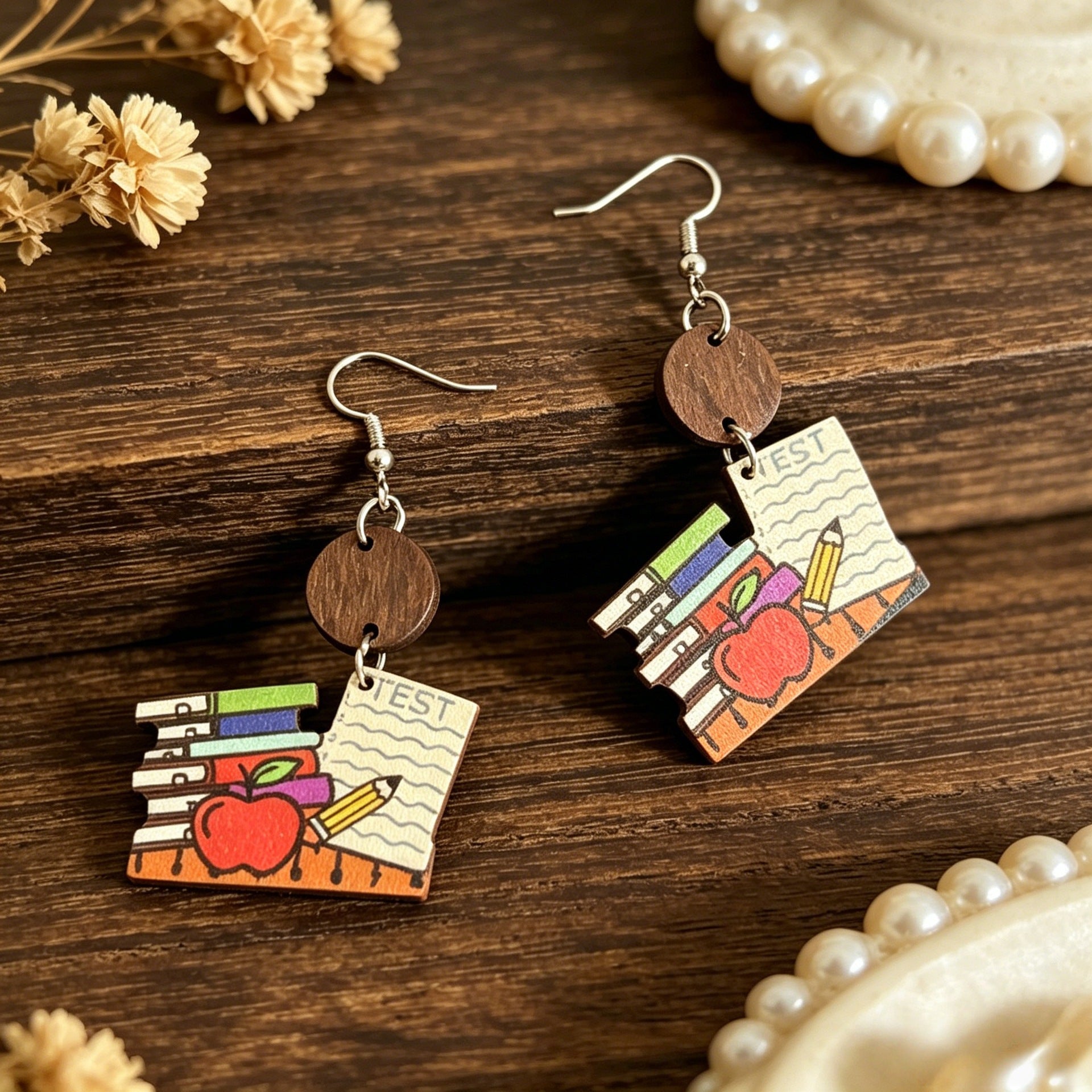 Wholesale Wooden Earrings Teacher Book Pencil Cartoon Print Back to School Fashion Accessory
