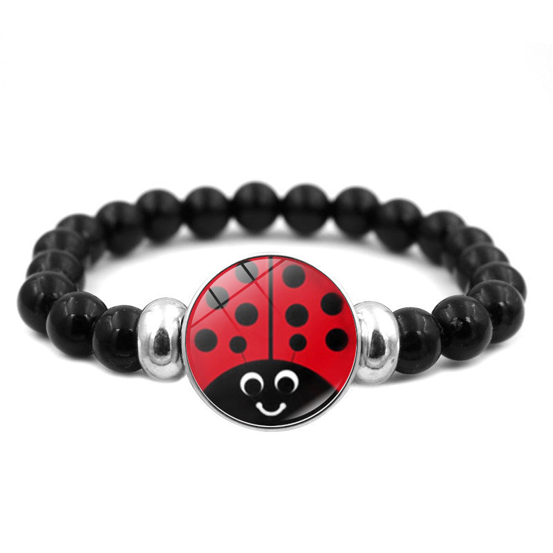 Wholesale Cartoon Ladybug Bear Paw Print Black Elastic Bead Bracelet Handmade Glass Jewelry Gift