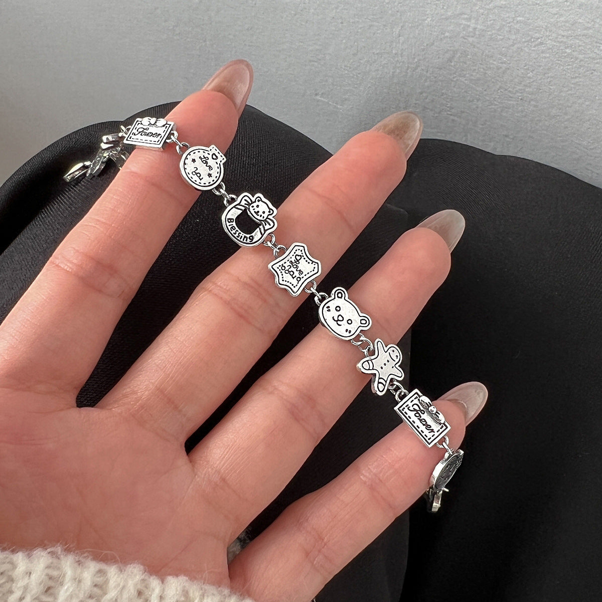 Wholesale 925 Graffiti Gingerbread Man Bear Sterling Silver Bracelet