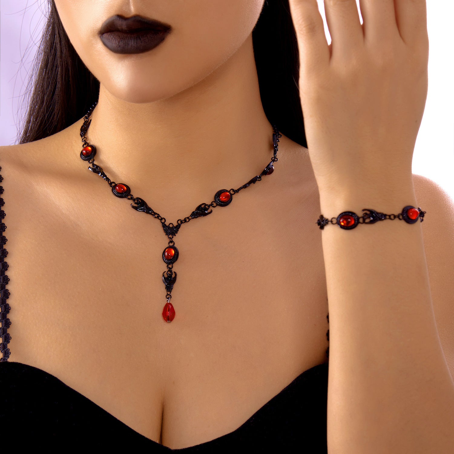 Wholesale Gothic Drop Tassel Necklace and Earrings Set,  Synthetic Crystal Pendant,  Alloy,  Electroplated,  Boutique Resale Fashion Accessory