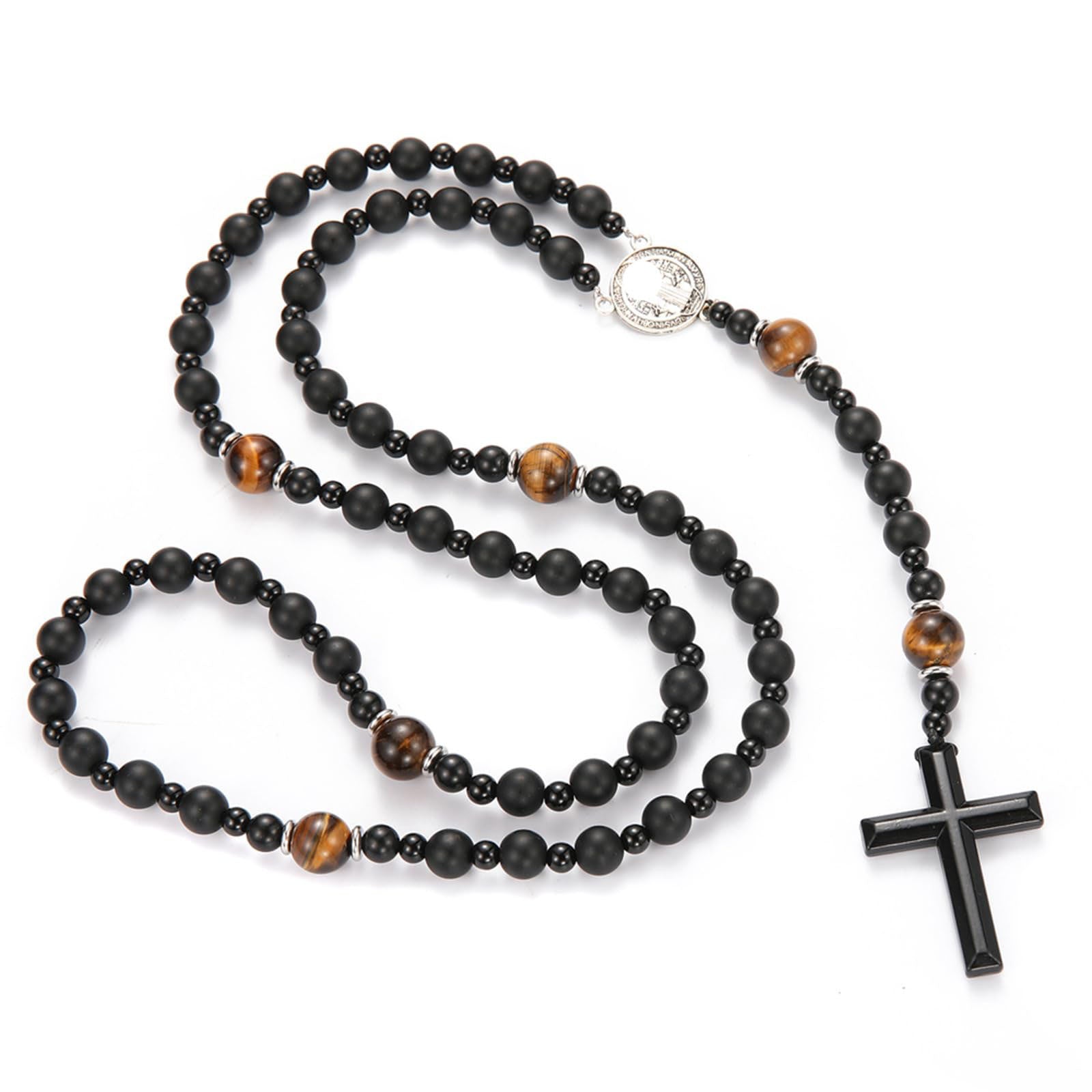 Wholesale Volcanic Stone Cross Necklace Natural Tiger Eye Black Gallstone Silver Spacers Chic Jewelry Accessory