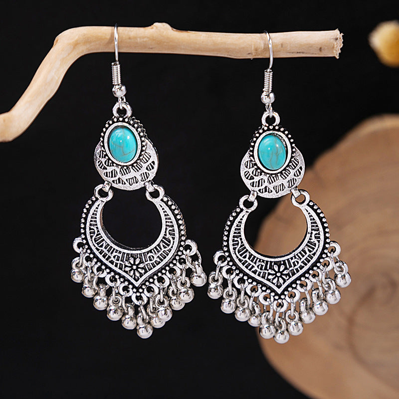 Wholesale Retro Ethnic Style Blue Turquoise Hollow Ring Flower Tassel Earrings Jewelry Accessory