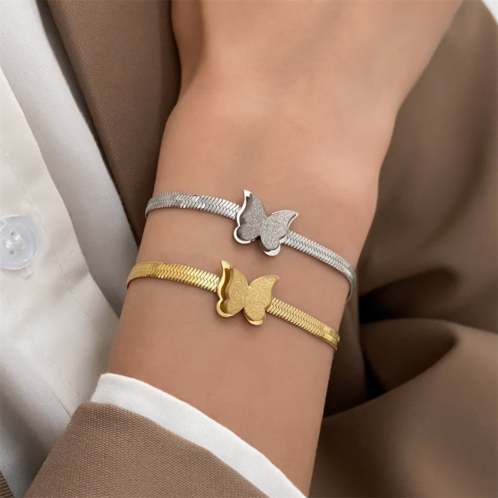 Wholesale European and American Internet Celebrity Niche Design Stainless Steel Frosted Butterfly Bracelet Punk Butterfly Snake Bone Chain Bracelet Jewelry for Women