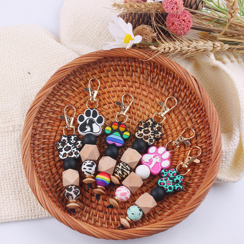 Wholesale Cartoon Rainbow Leopard Print Dog Paw Silicone Beaded Keychain ACC-KC-GuangTian072