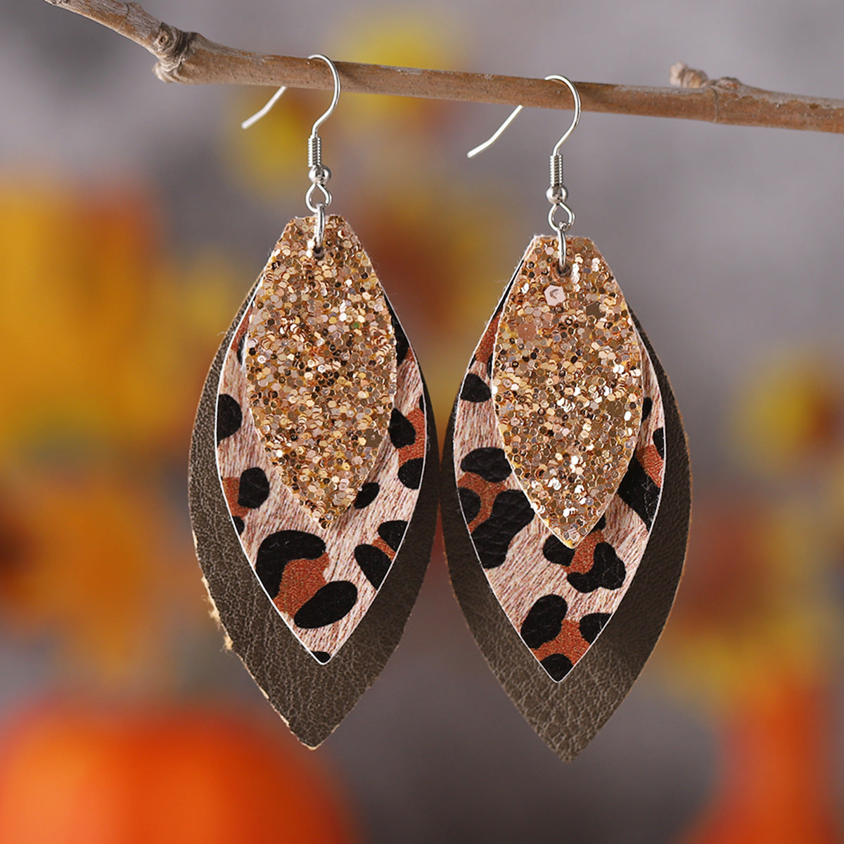 Wholesale Three-layer Leaf-shaped Sequined Leopard Leather Earrings ACC-ES-ChuLian113
