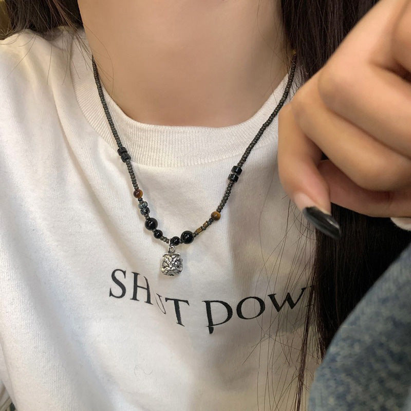 Wholesale Lion Awakening Titanium Steel Pendant Necklace Obsidian Clavicle Chain ACC-NE-Ziyou012