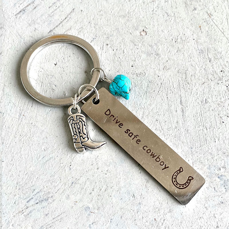Wholesale Western Cowboy Boot Keychain With Turquoise Cross Cactus Horseshoe Metal Pendant Creative Textured Car Key Accessory