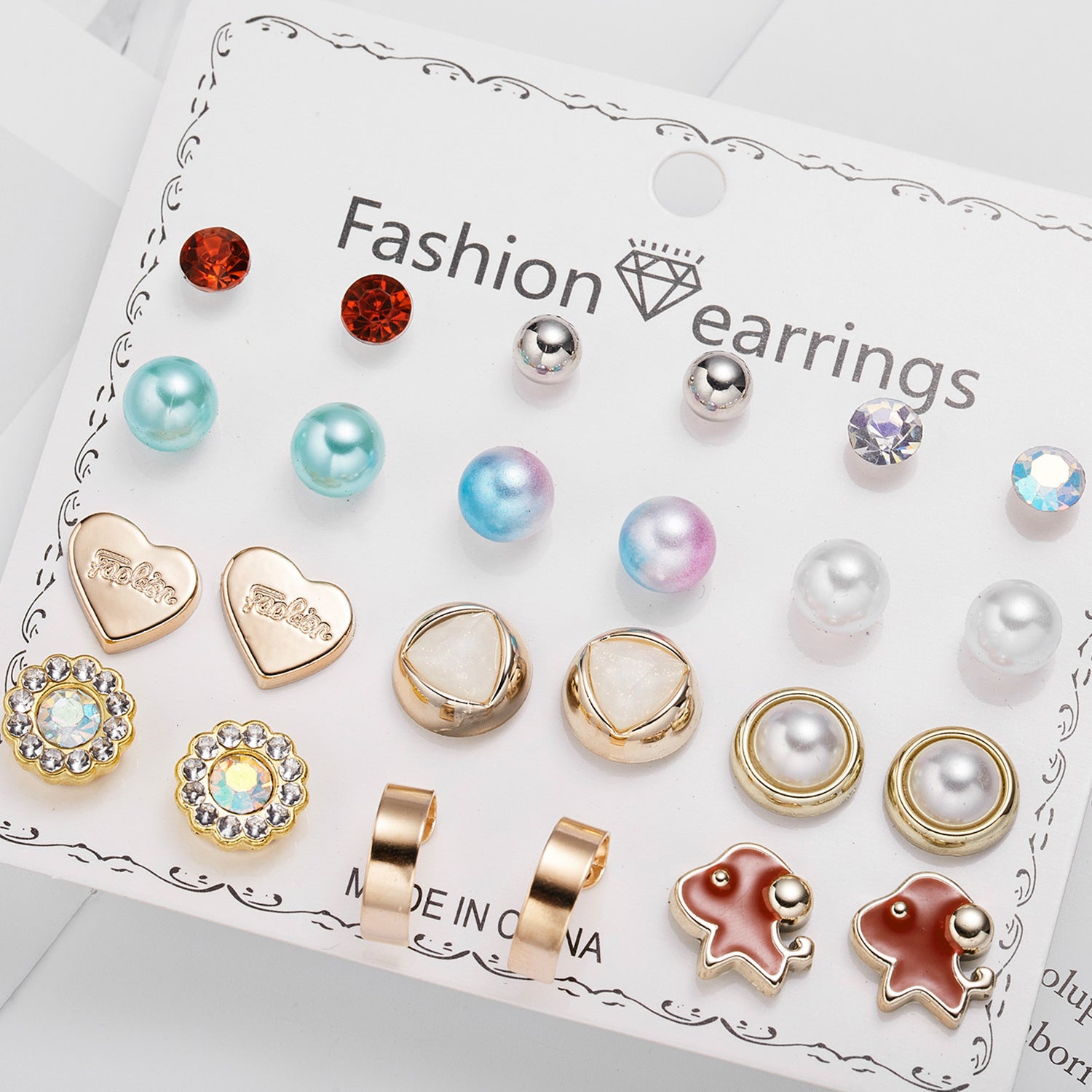 Wholesale 12pcs/set Pearl Rhinestone gold ball combination card earrings set